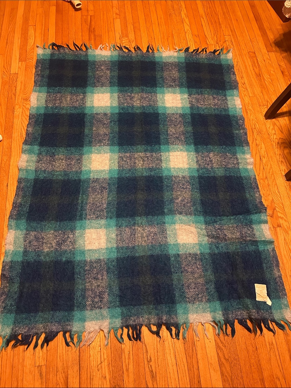Hudson’s Bay Blue Plaid Fringe Mohair Wool Throw Blanket, 44”x57”